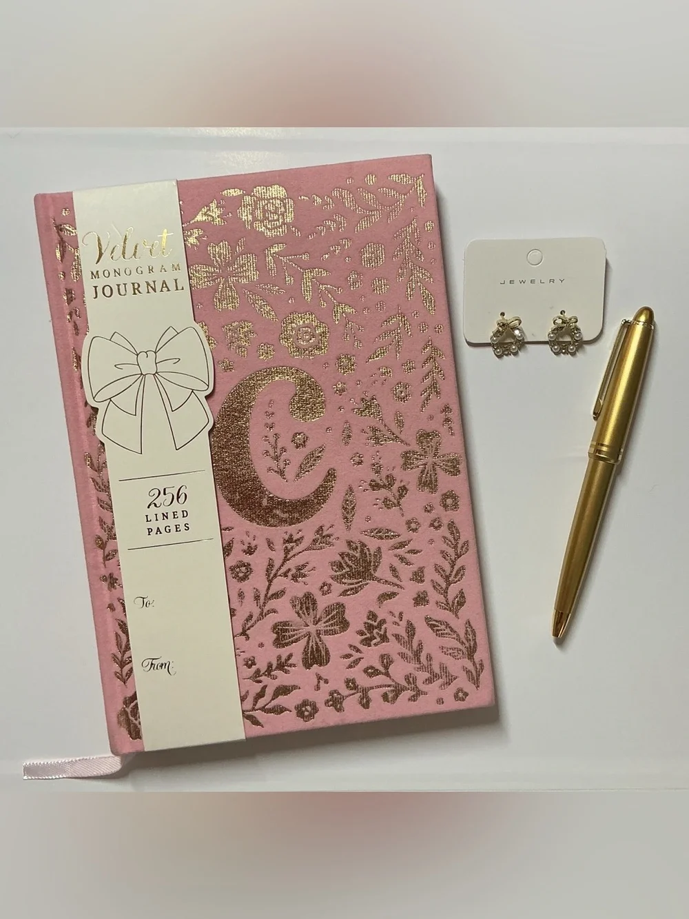 “C” Monogram Pink Velvet Journal w/Circle Accent Bow Earrings & Gold Pen